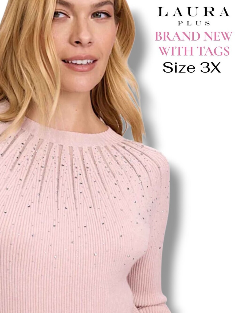 Laura Plus Pink Embellished Ribbed Sweater